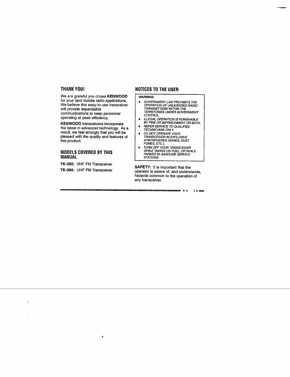 Thank you, Models covered by this manual, Notices to the user | Kenwood TK-290/390 User Manual | Page 2 / 24
