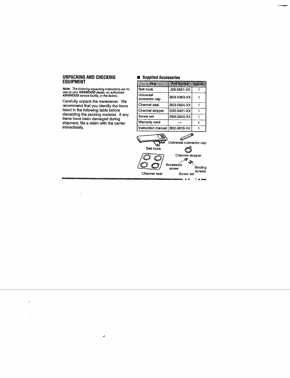 Unpacking and checking equipment, Supplied accessories, Kenwood | Kenwood TK-290/390 User Manual | Page 5 / 24