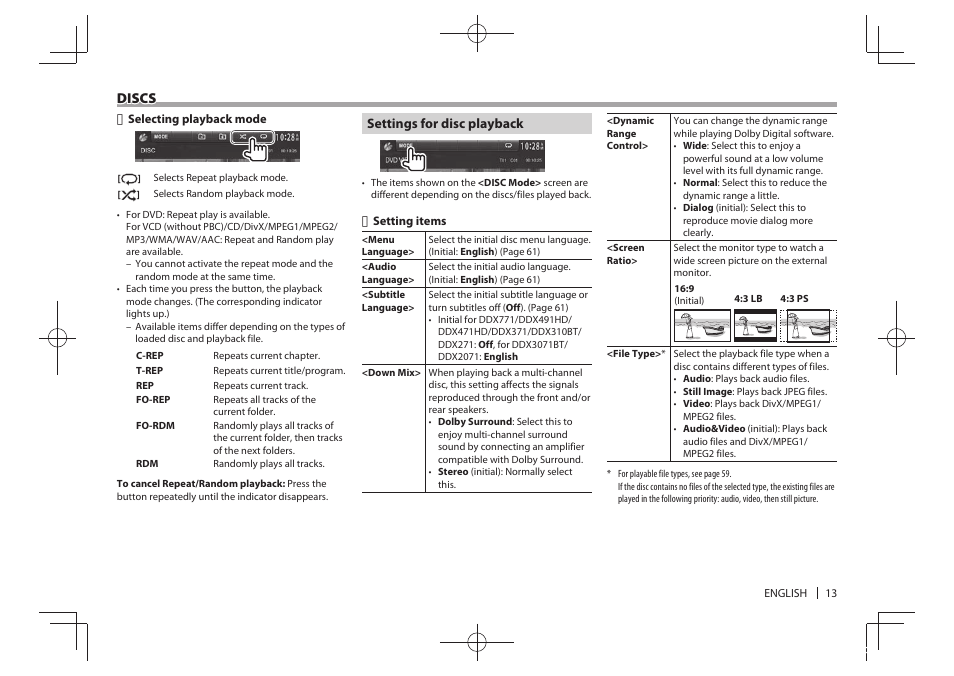 Discs | Kenwood DDX771 User Manual | Page 13 / 68