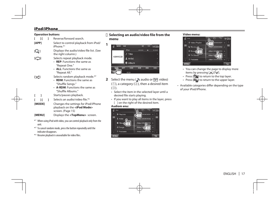 Ipod/iphone | Kenwood DDX771 User Manual | Page 17 / 68