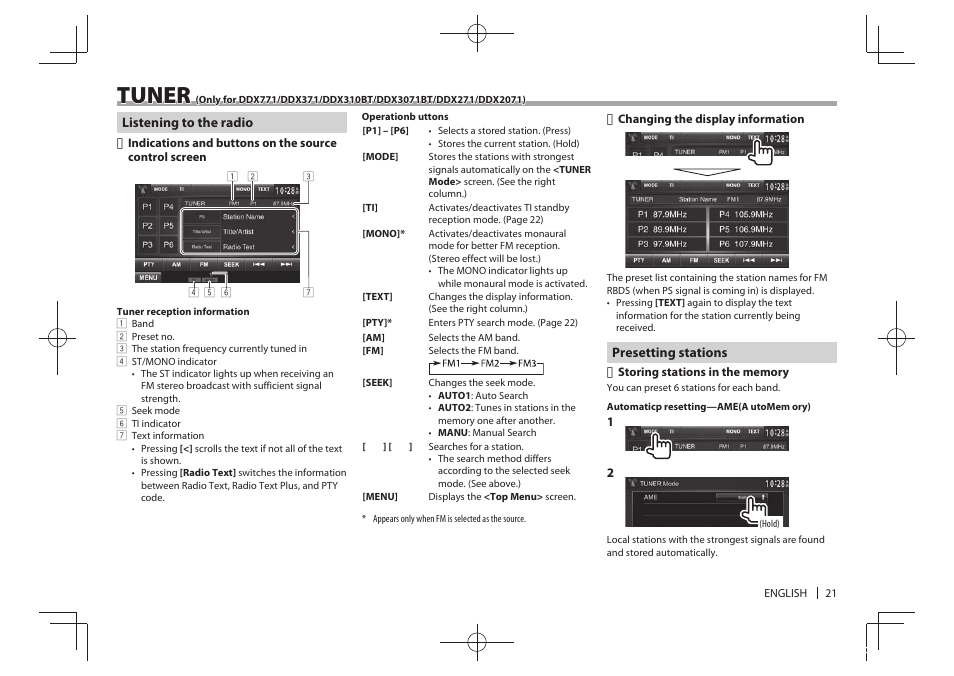 Tuner | Kenwood DDX771 User Manual | Page 21 / 68