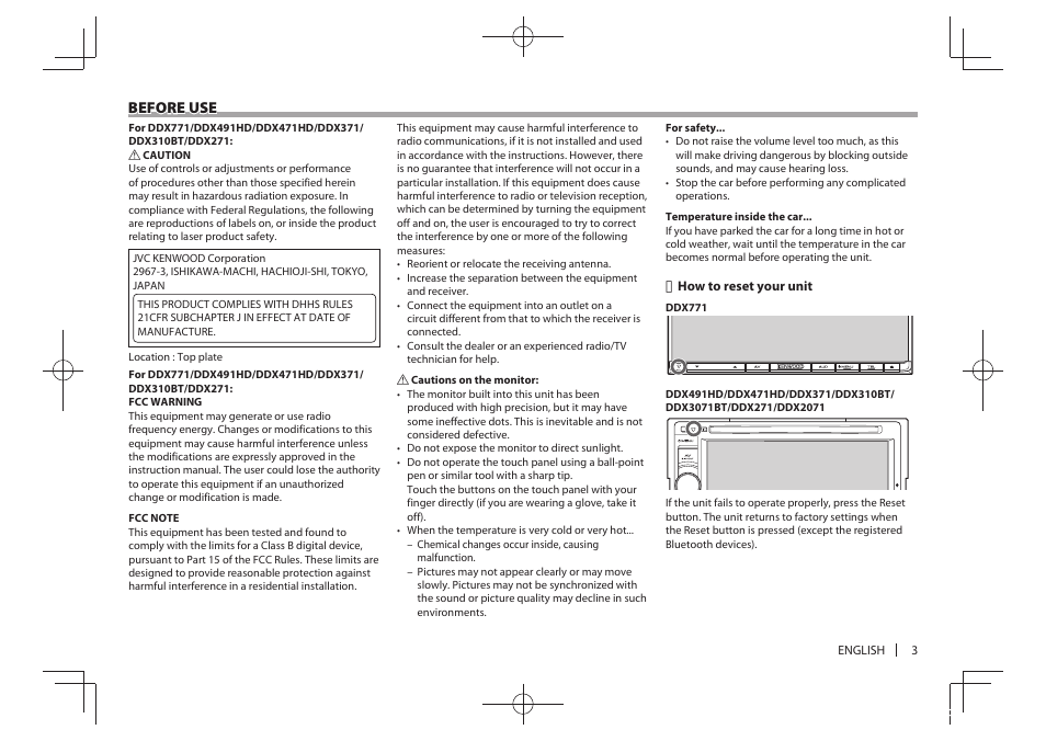 Before use | Kenwood DDX771 User Manual | Page 3 / 68