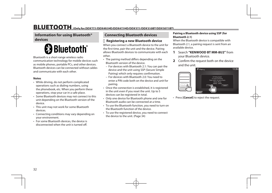 Bluetooth | Kenwood DDX771 User Manual | Page 32 / 68