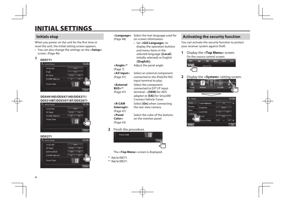 Initial settings | Kenwood DDX771 User Manual | Page 4 / 68