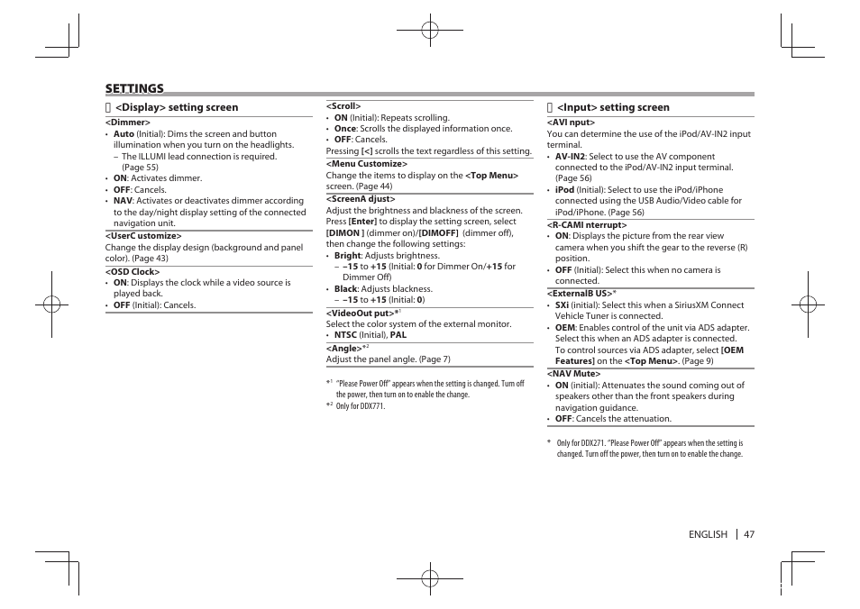 Settings | Kenwood DDX771 User Manual | Page 47 / 68