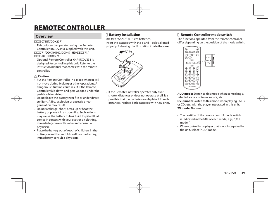 Remote c ontroller | Kenwood DDX771 User Manual | Page 49 / 68