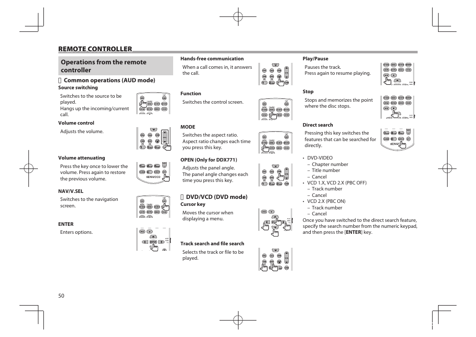 Remote controller | Kenwood DDX771 User Manual | Page 50 / 68