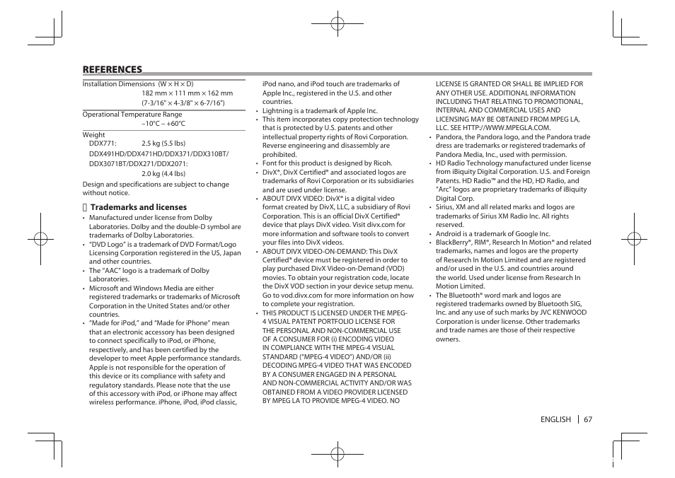 References | Kenwood DDX771 User Manual | Page 67 / 68