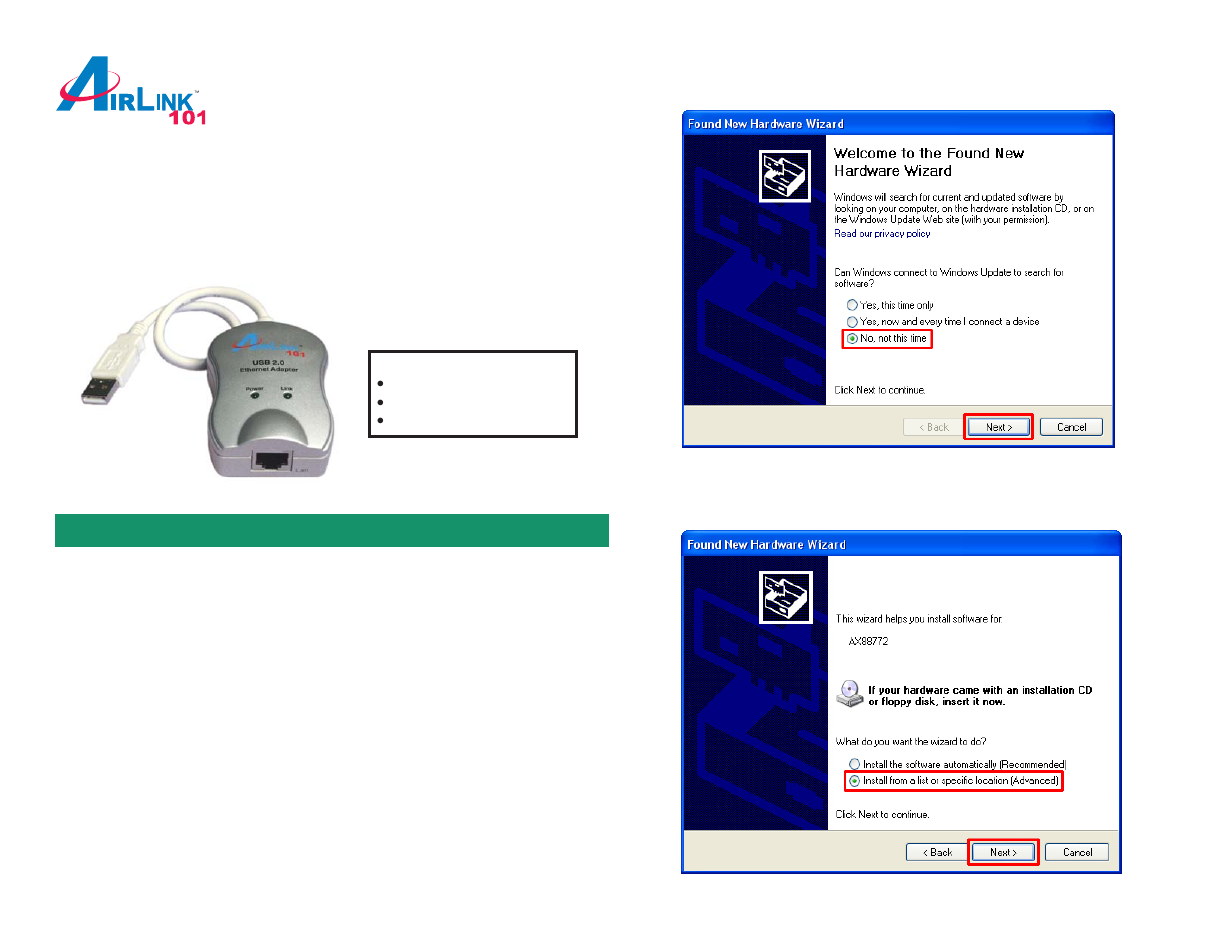 Airlink101 USB 2.0 Ethernet Adapter ASOHOUSB User Manual | 4 pages