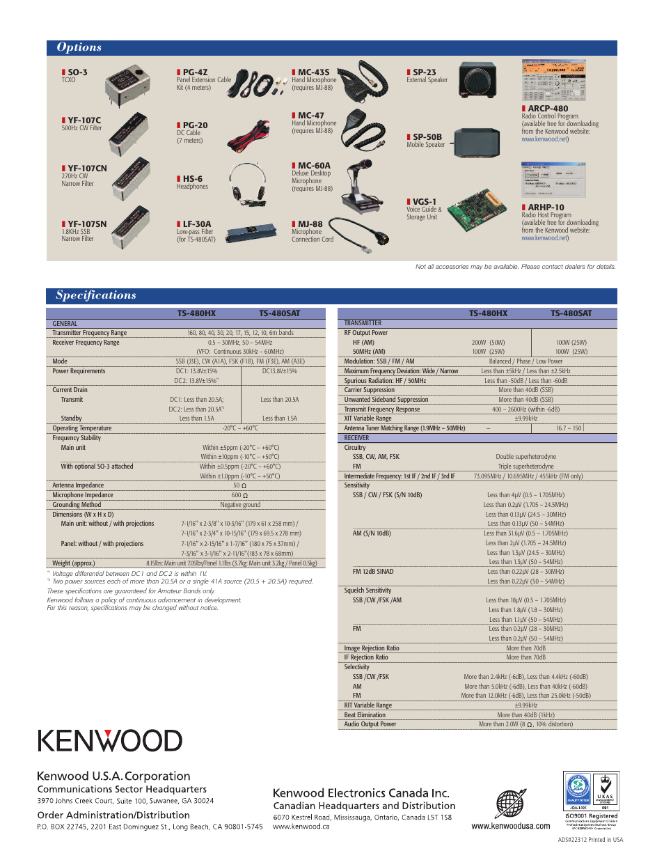 Specifications, Options | Kenwood TS-480HX/480SAT User Manual | Page 8 / 8