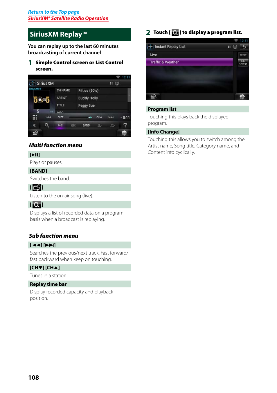 Siriusxm replay, Siriusxm replay™ (p.108) | Kenwood DNN991HD User Manual | Page 109 / 178