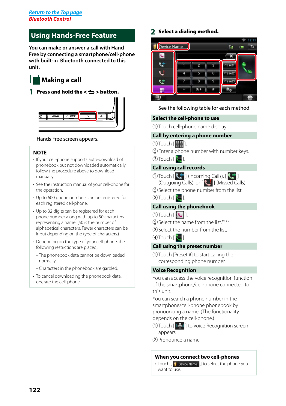 Using hands-free feature, P.122), Making a call | Kenwood DNN991HD User Manual | Page 123 / 178