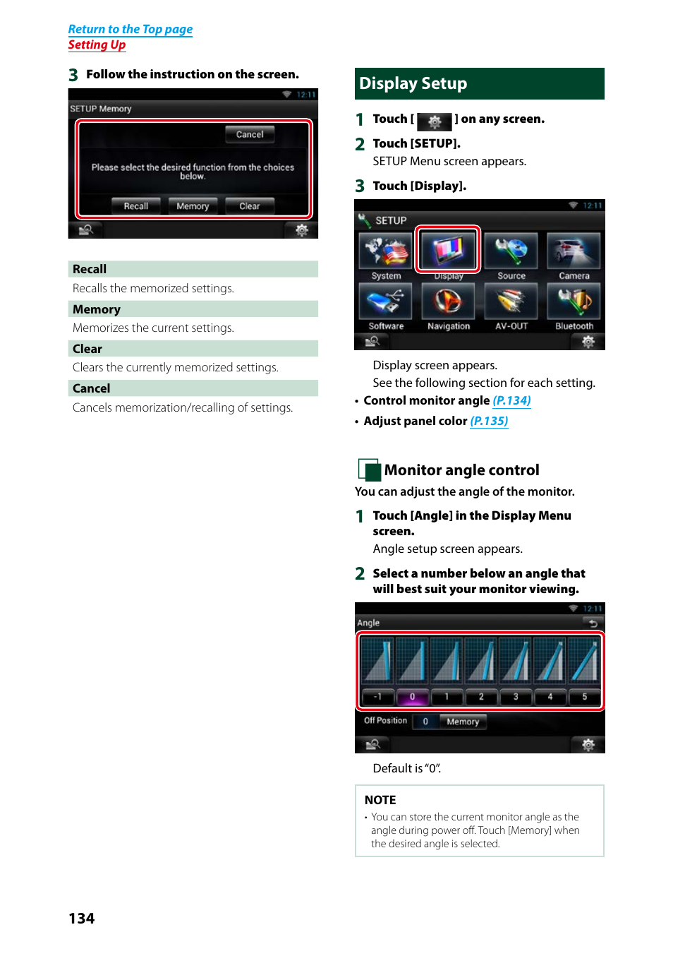 Display setup, Or details on operation, see, Monitor angle control (p.134) | Kenwood DNN991HD User Manual | Page 135 / 178