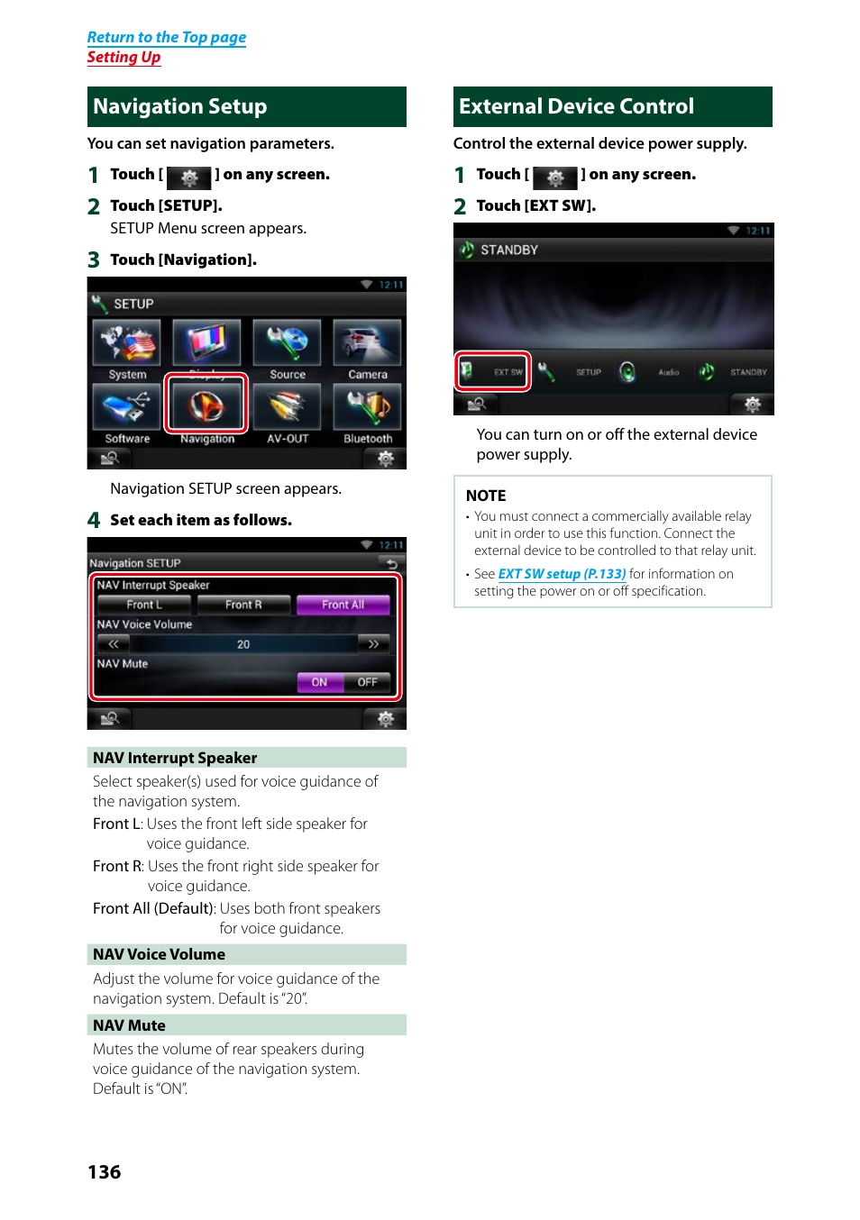 Navigation setup, External device control, Navigation setup external device control | External device control (p.136) | Kenwood DNN991HD User Manual | Page 137 / 178