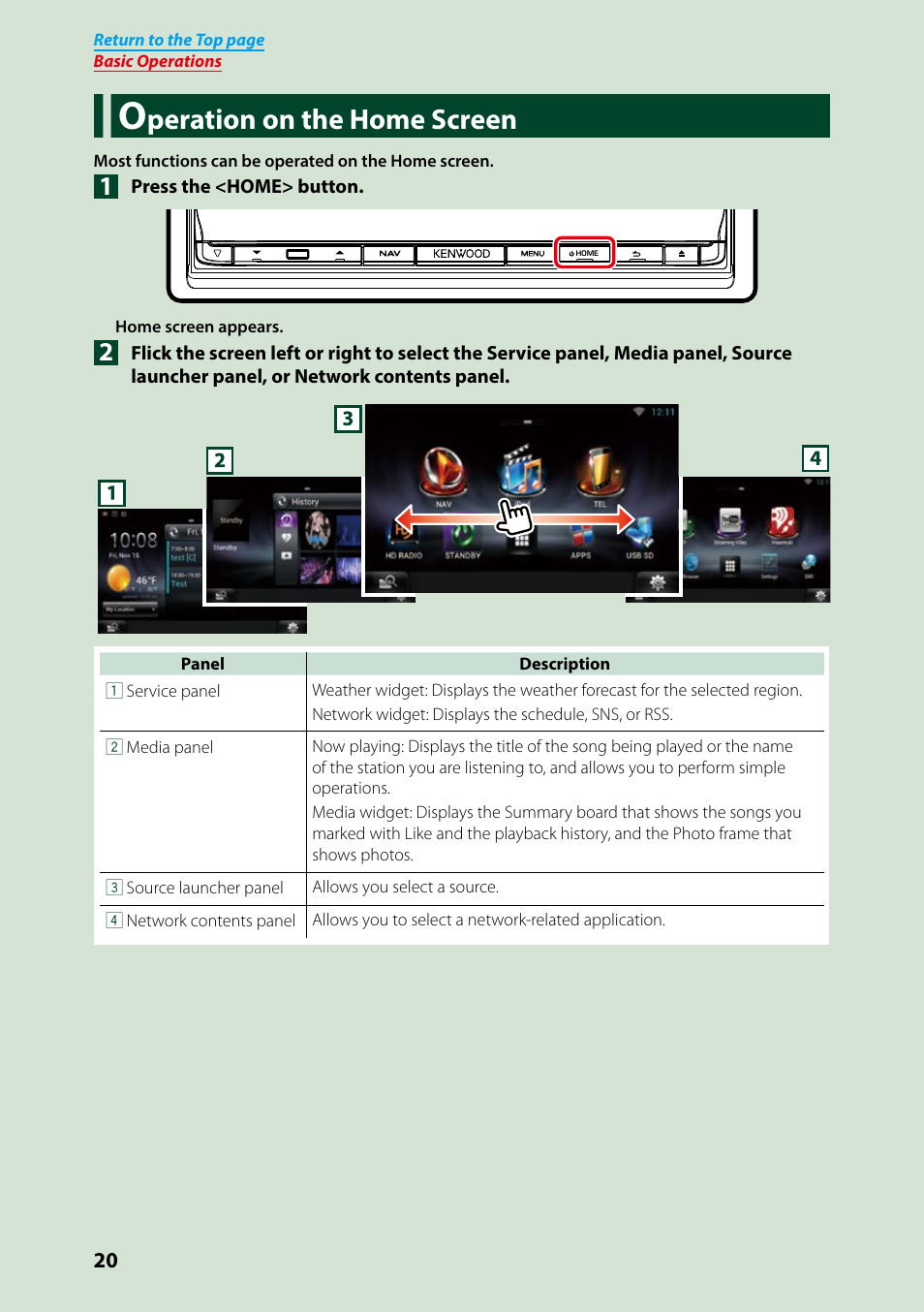 Operation on the home screen, P.20), Peration on the home screen | Kenwood DNN991HD User Manual | Page 21 / 178