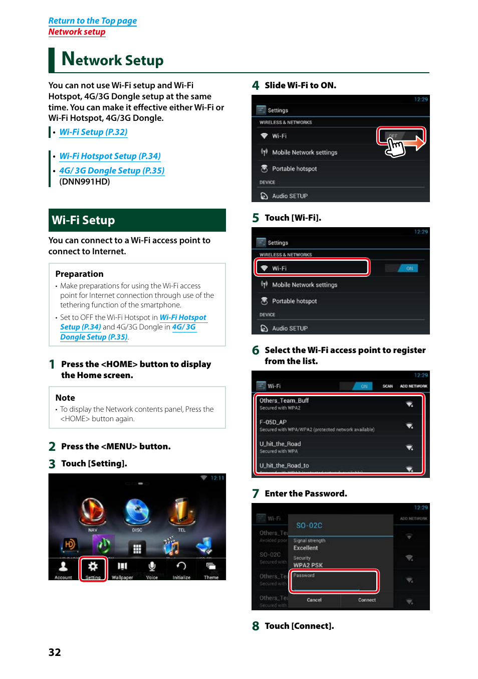 Network setup, Wi-fi setup, P.32) | Or details on operation, see, Wi-fi setup (p.32), Etwork setup | Kenwood DNN991HD User Manual | Page 33 / 178