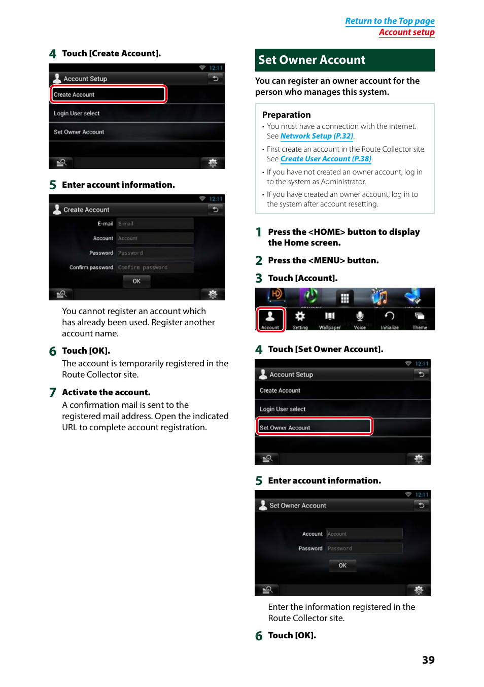 Set owner account, Owner account (p.39) | Kenwood DNN991HD User Manual | Page 40 / 178