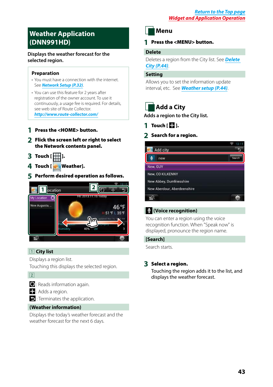 Weather application (dnn991hd), Add a city (p.43) | Kenwood DNN991HD User Manual | Page 44 / 178