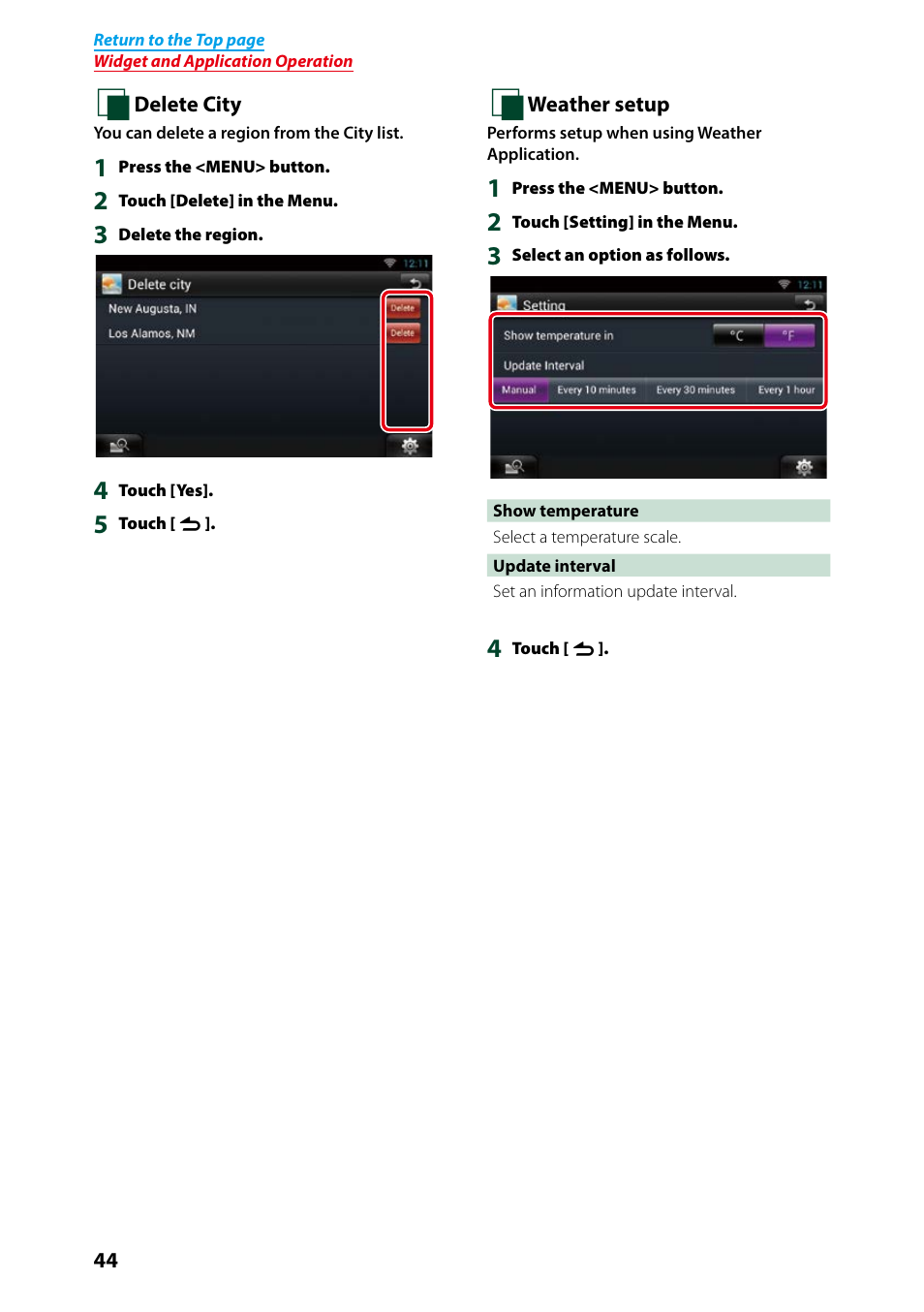 Delete, City (p.44), Weather setup (p.44) | Kenwood DNN991HD User Manual | Page 45 / 178