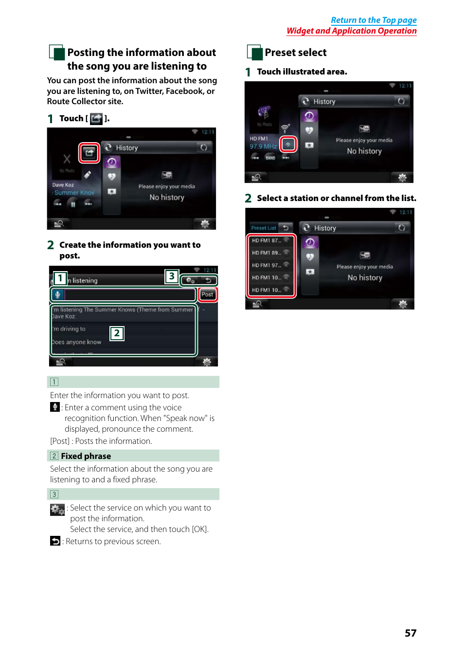 Posting the information about the song you, Are listening to (p.57), Preset select (p.57) | Kenwood DNN991HD User Manual | Page 58 / 178