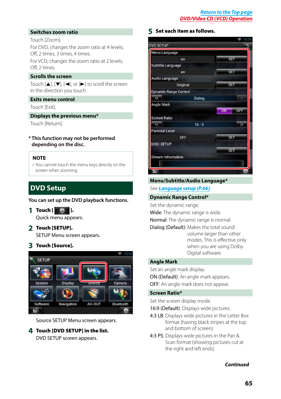 Dvd setup | Kenwood DNN991HD User Manual | Page 66 / 178