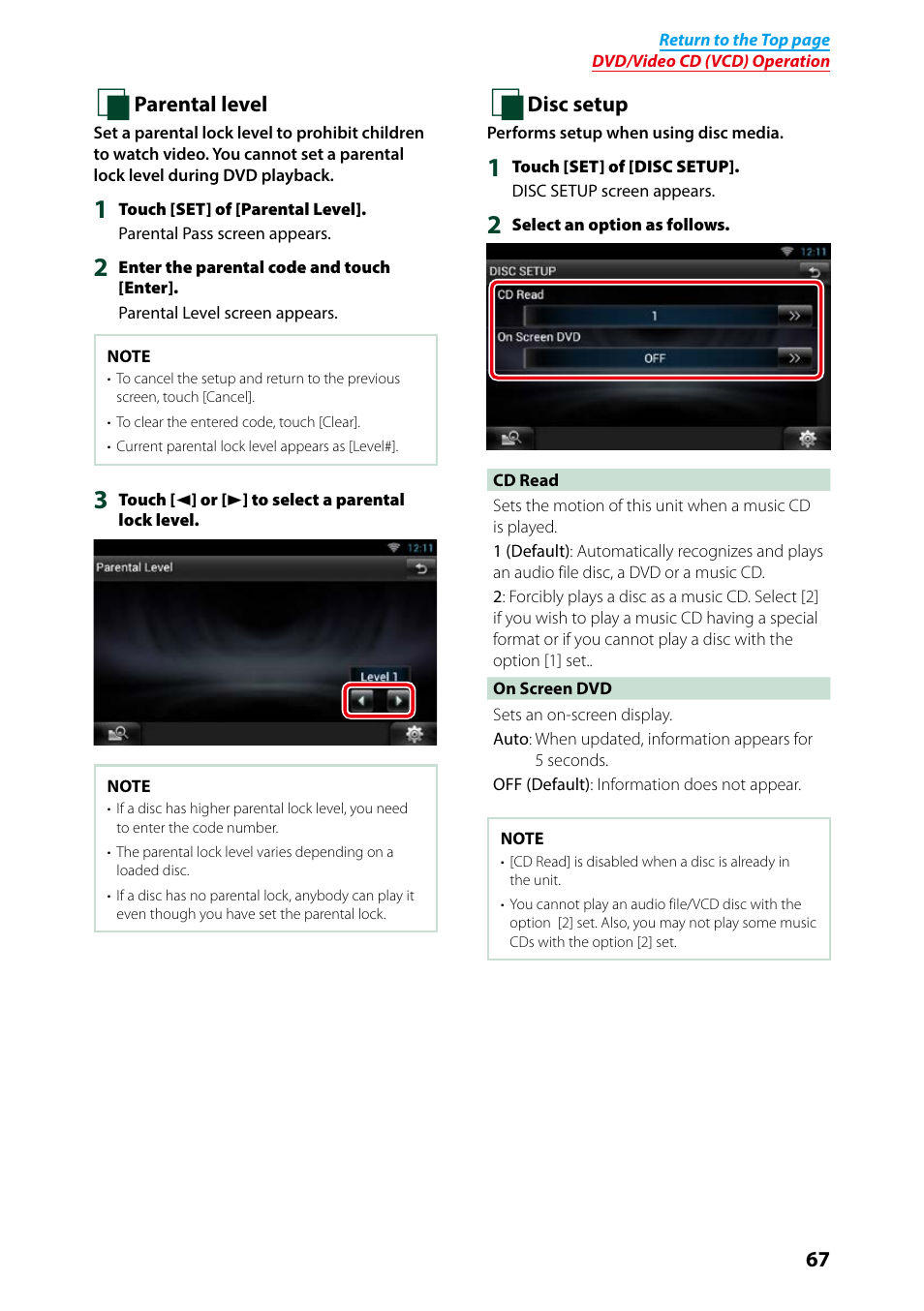 Parental level (p.67), Disc setup (p.67) | Kenwood DNN991HD User Manual | Page 68 / 178