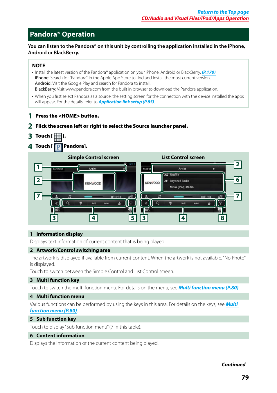 Pandora® operation, P.79) | Kenwood DNN991HD User Manual | Page 80 / 178