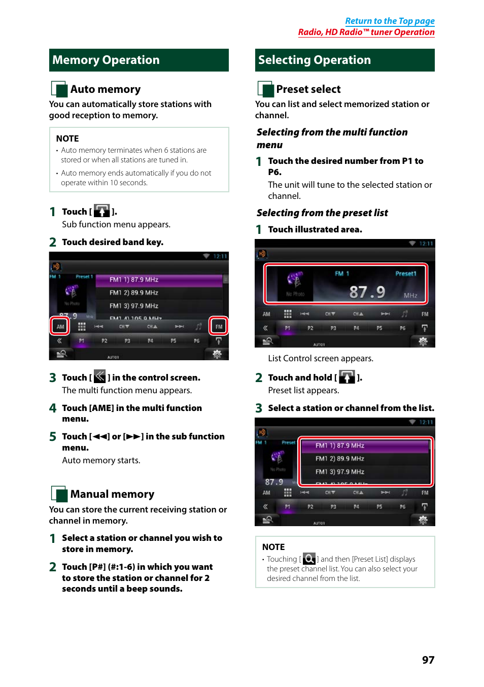 Memory operation, Selecting operation, Memory operation selecting operation | Selecting operation (p.97), Auto memory (p.97) | Kenwood DNN991HD User Manual | Page 98 / 178