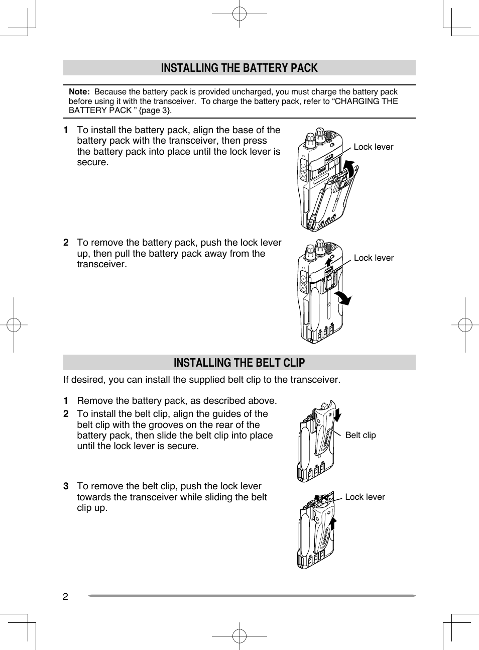 Installing the battery pack, Installing the belt clip | Kenwood TH-K20A User Manual | Page 10 / 68