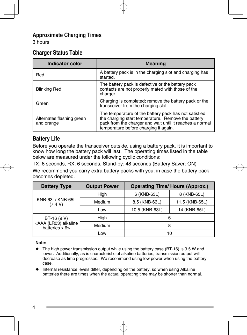 Approximate charging times, Charger status table, Battery life | Kenwood TH-K20A User Manual | Page 12 / 68