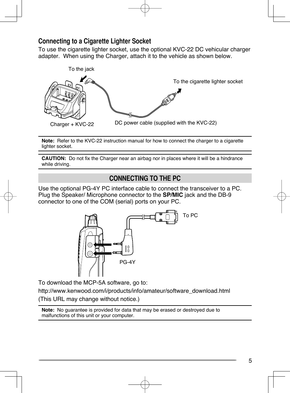 Connecting to a cigarette lighter socket, Connecting to the pc | Kenwood TH-K20A User Manual | Page 13 / 68