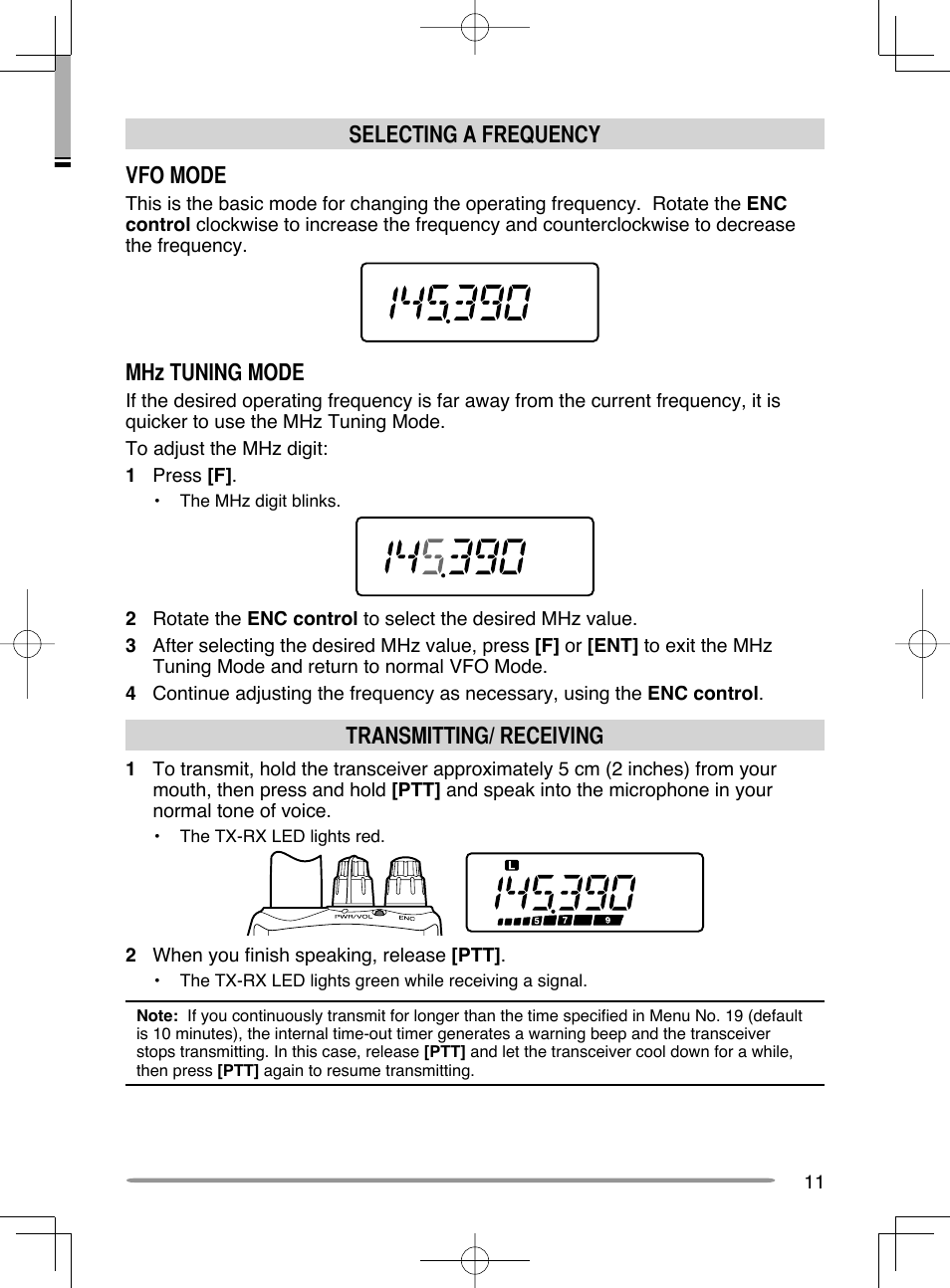 Selecting a frequency vfo mode, Mhz tuning mode, Transmitting/ receiving | Kenwood TH-K20A User Manual | Page 19 / 68