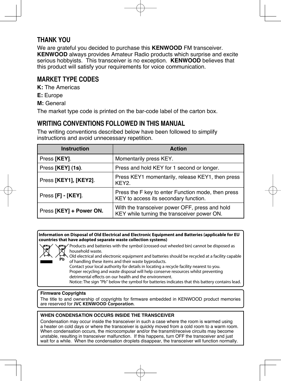 Th-k20_40_000_wee_for eng.pdf, Market type codes, Writing conventions followed in this manual | Kenwood TH-K20A User Manual | Page 2 / 68