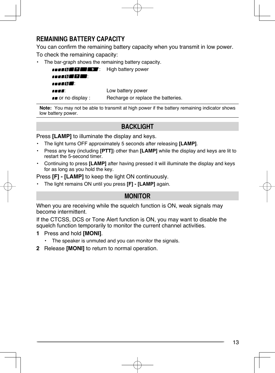 Remaining battery capacity, Backlight, Monitor | Kenwood TH-K20A User Manual | Page 21 / 68