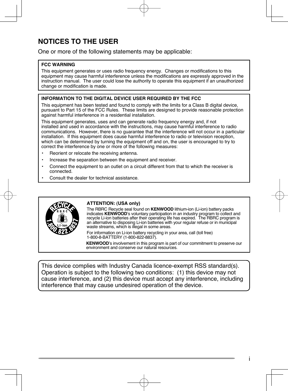 Th-k20_40_i_vi_safety_contents_for eng.pdf, Notices to the user | Kenwood TH-K20A User Manual | Page 3 / 68
