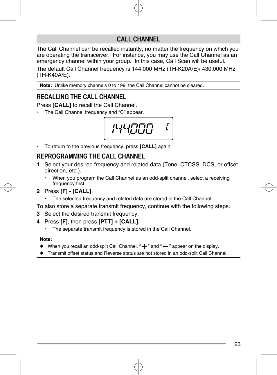 Call channel, Recalling the call channel, Reprogramming the call channel | Kenwood TH-K20A User Manual | Page 31 / 68