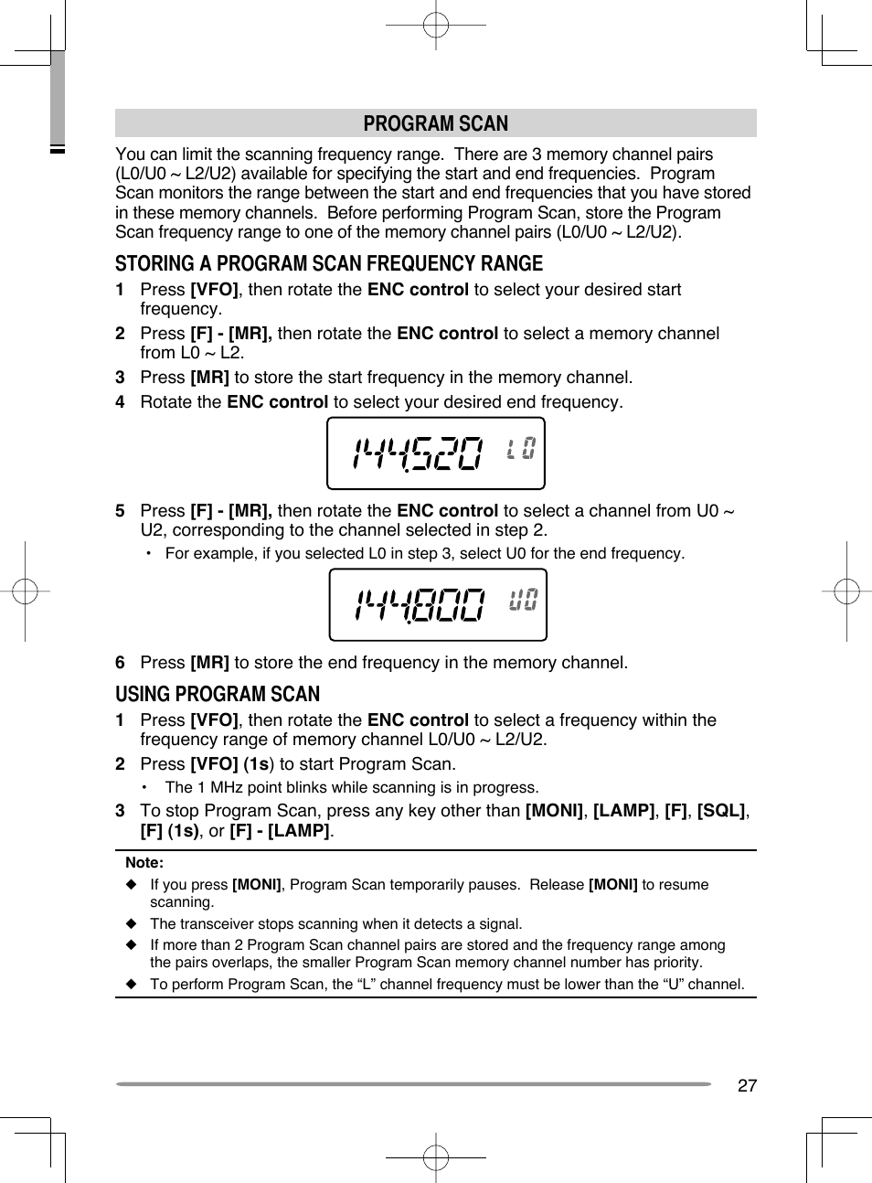 Program scan, Storing a program scan frequency range, Using program scan | Kenwood TH-K20A User Manual | Page 35 / 68