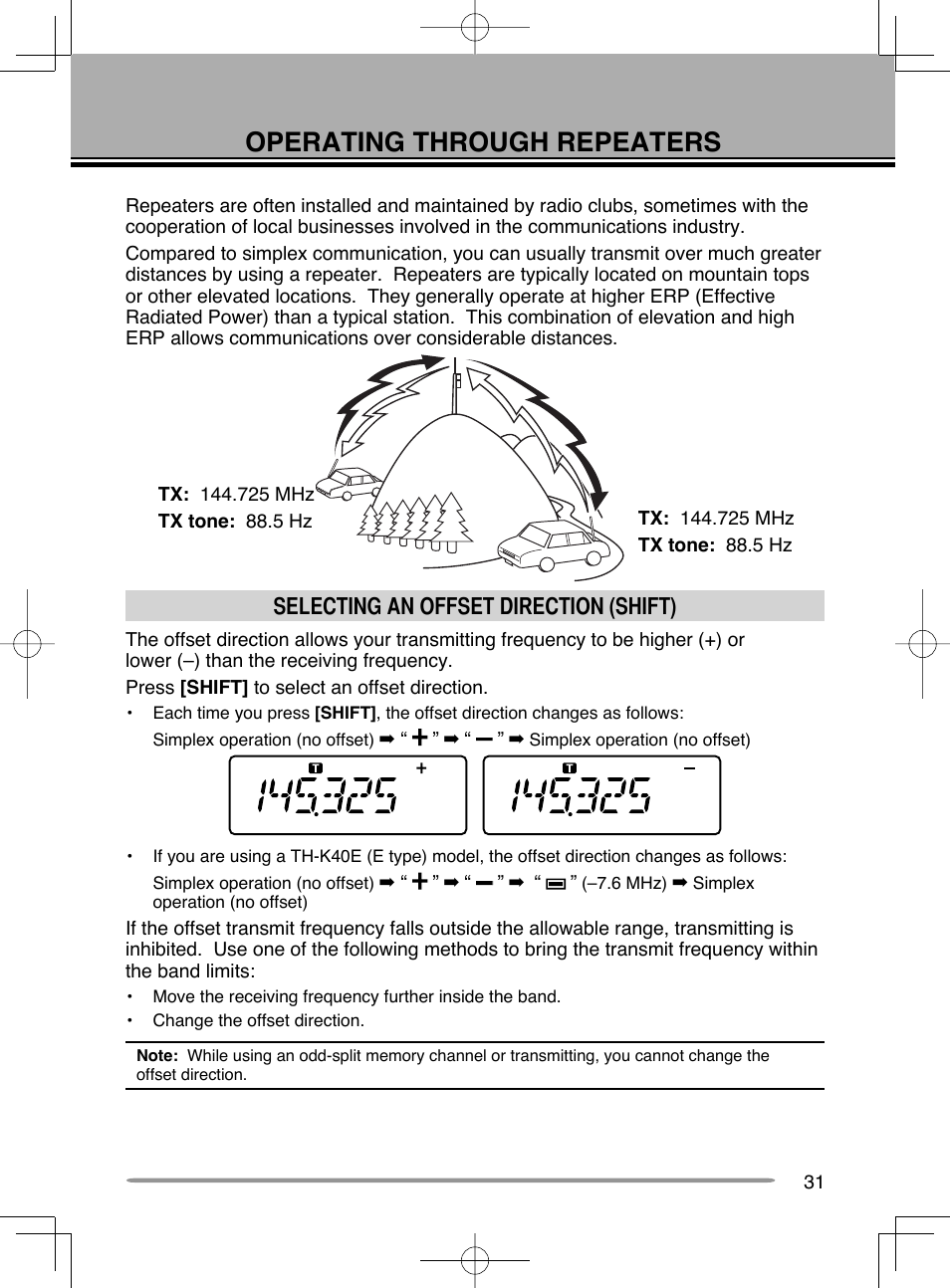 Operating through repeaters, Selecting an offset direction (shift) | Kenwood TH-K20A User Manual | Page 39 / 68