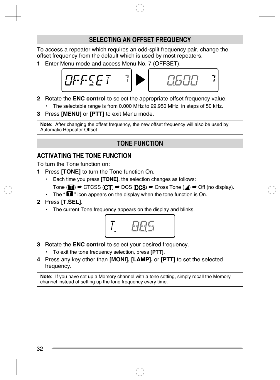 Selecting an offset frequency, Tone function activating the tone function | Kenwood TH-K20A User Manual | Page 40 / 68