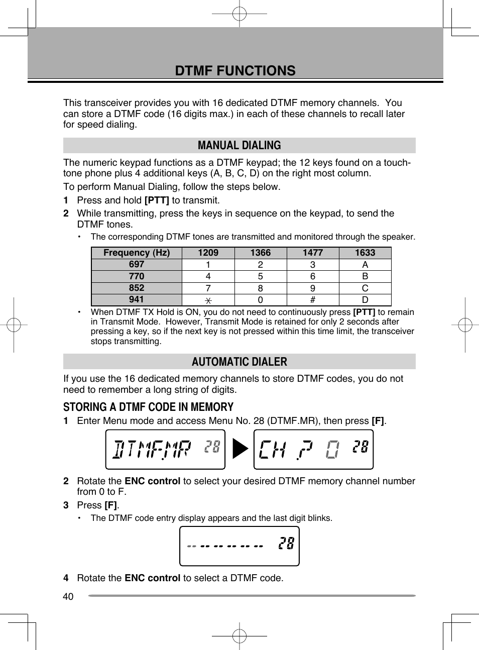 Dtmf functions, Manual dialing, Automatic dialer | Kenwood TH-K20A User Manual | Page 48 / 68