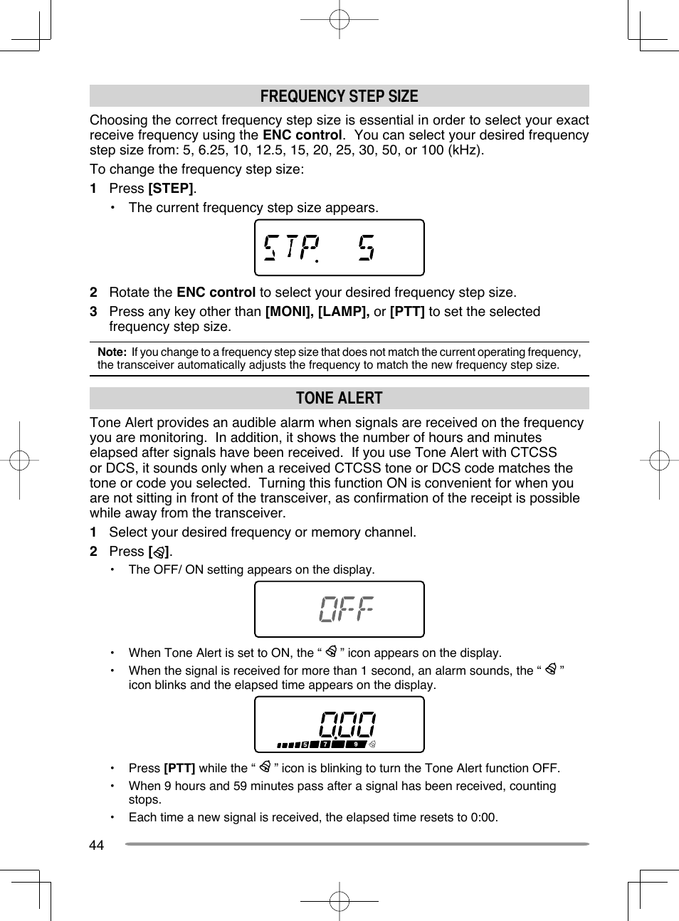 Frequency step size, Tone alert | Kenwood TH-K20A User Manual | Page 52 / 68
