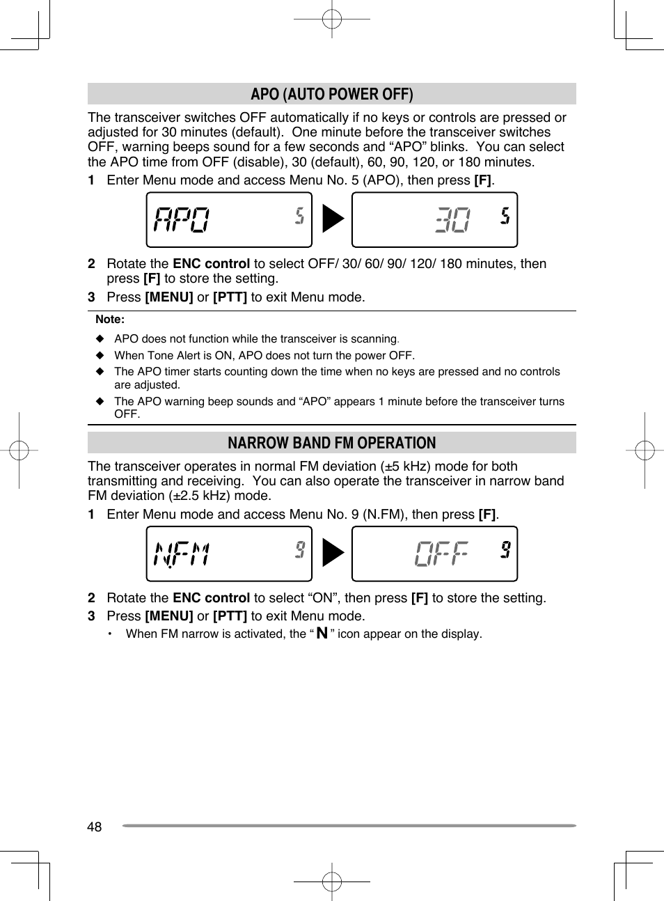 Apo (auto power off), Narrow band fm operation | Kenwood TH-K20A User Manual | Page 56 / 68