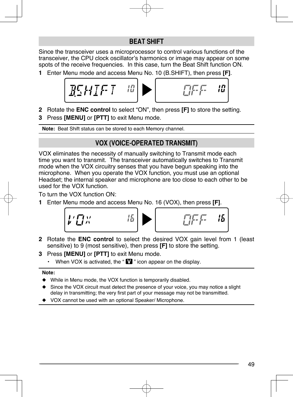 Beat shift, Vox (voice-operated transmit) | Kenwood TH-K20A User Manual | Page 57 / 68