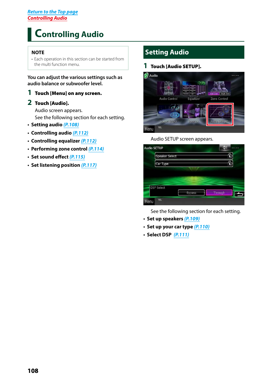 Controlling audio, Setting audio, Controlling audio (p.108) | Ontrolling audio | Kenwood DNX691HD User Manual | Page 109 / 145