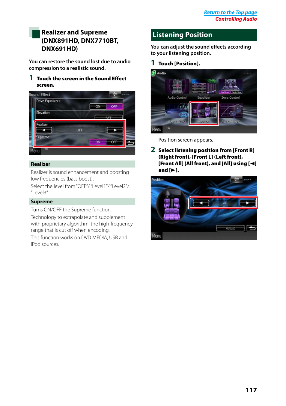 Listening position, P.117) | Kenwood DNX691HD User Manual | Page 118 / 145