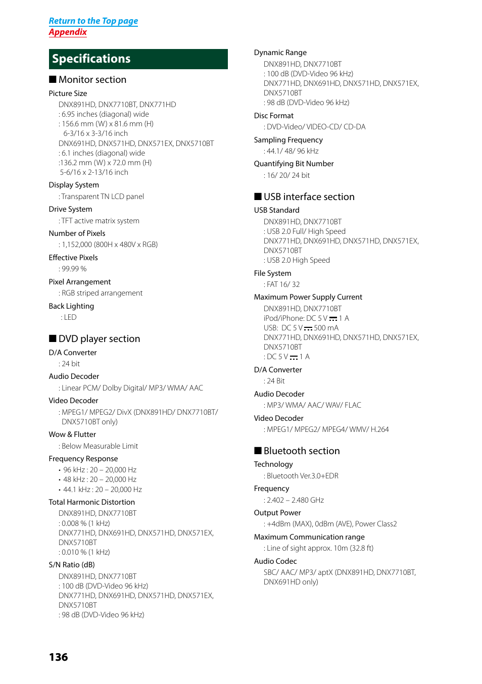 Specifications | Kenwood DNX691HD User Manual | Page 137 / 145