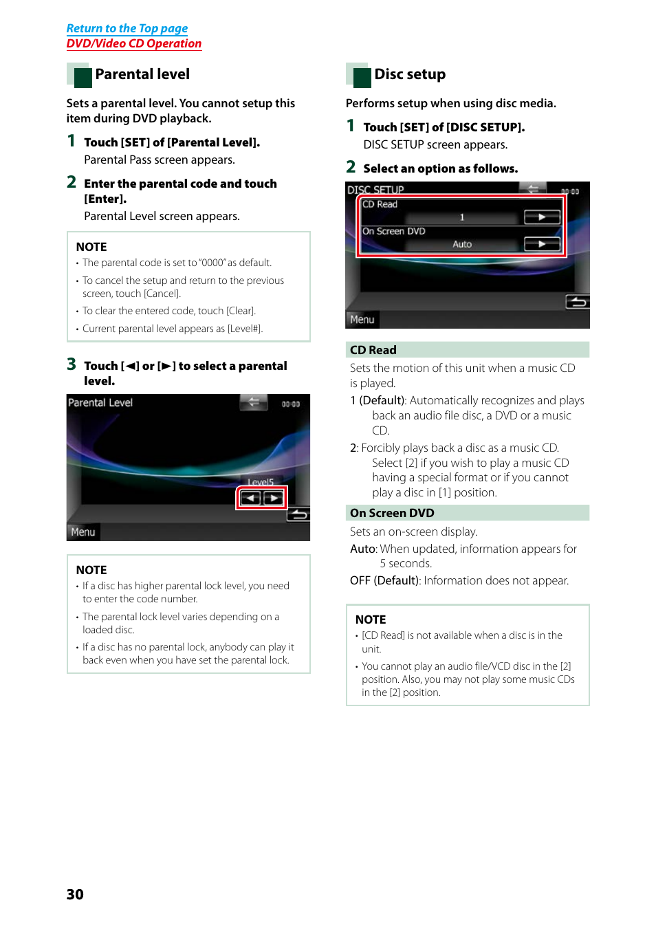 Parental level (p.30), Disc setup (p.30), Parental level | Disc setup | Kenwood DNX691HD User Manual | Page 31 / 145