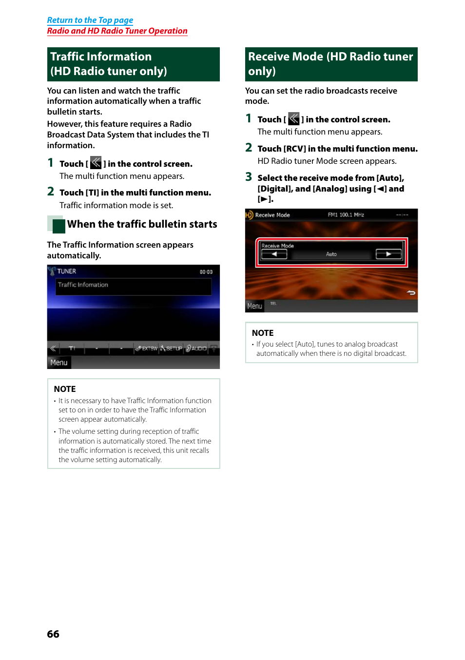 Traffic information, Receive mode, Traffic information receive mode | Traffic information (p.66), Receive mode (p.66), Traffic information (hd radio tuner only), Receive mode (hd radio tuner only) | Kenwood DNX691HD User Manual | Page 67 / 145