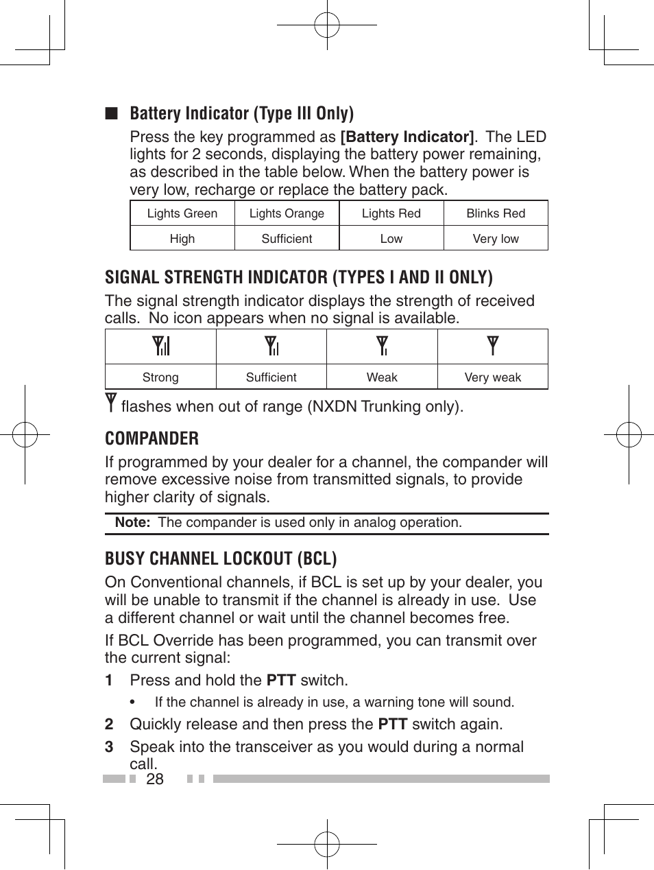 Battery indicator (type iii only), Signal strength indicator (types i and ii only), Compander | Busy channel lockout (bcl) | Kenwood NX-420 User Manual | Page 36 / 40