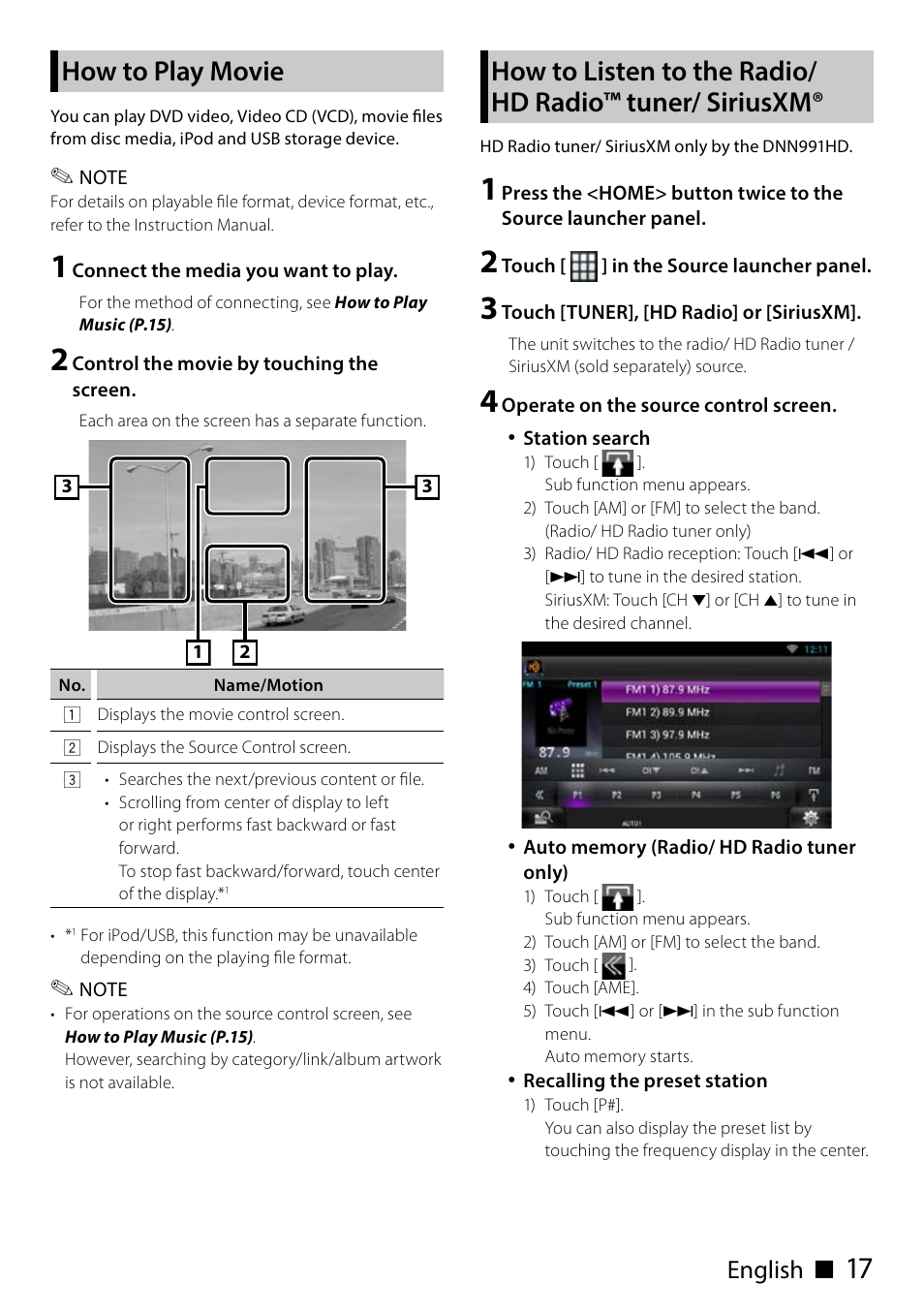 How to play movie, How to listen to the radio, Hd radio™ tuner/ siriusxm | English ñ | Kenwood DNN991HD User Manual | Page 17 / 68